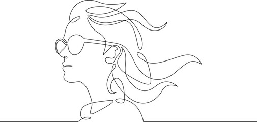Continuous one line drawing girl in sunglasses. Female portrait. Head of a girl in glasses.  One continuous line isolated minimal illustration.Not AI.
