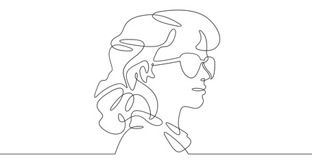 Continuous one line drawing girl in sunglasses. Female portrait. Head of a girl in glasses.  One continuous line isolated minimal illustration.Not AI.