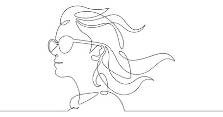 Continuous one line drawing girl in sunglasses. Female portrait. Head of a girl in glasses.  One continuous line isolated minimal illustration.Not AI.