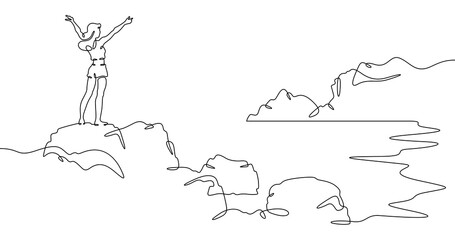 Continuous one line drawing  girl stands waving on a big rock on the seashore. Woman in short shorts on the seashore. Rocks and mountain by the sea. One continuous line isolated minimal illustration