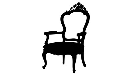 Vintage antique chair silhouette with ornate backrest and armrests isolated on white background
