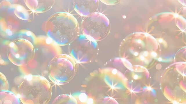 Iridescent soap bubbles floating with colorful bokeh lights. Use for spring cleaning concept - Powered by Adobe