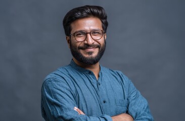 Obraz premium Friendly confident young man with glasses smiling crossing arms wea casual blue shirt standing against plain gray background