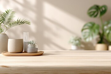 Modern minimalist indoor plant decor with potted plants on wooden table in bright natural sunlight with shadow patterns for home interior design
