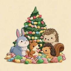 Obraz premium Cartoon-chibi woodland animals (rabbit, squirrel, hedgehog) around a colorful candy Christmas tree, fun style
