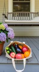 Fresh Produce and Hydrangeas on Porch, Healthy Lifestyle and Home Decor
