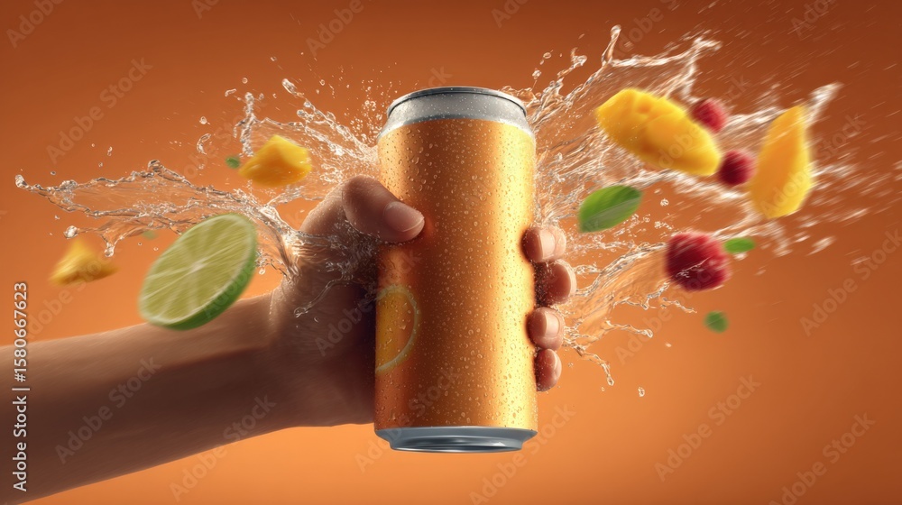 Poster close-up of a hand holding a shimme golden soda can with fruity splashes and slices of lime and berr