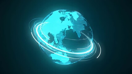 Futuristic digital globe with glowing orbits, representing global connectivity and technology advancements - Powered by Adobe