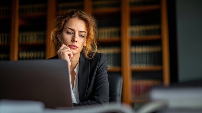 Concentrated woman lawyer seated at her desk, formal attire, surrounded by legal paperwork, laptop open, bookshelf filled with documents, natural soft light from office window