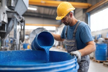 Caucasian male worker pouring blue paint into large industrial barrel in factory setting.