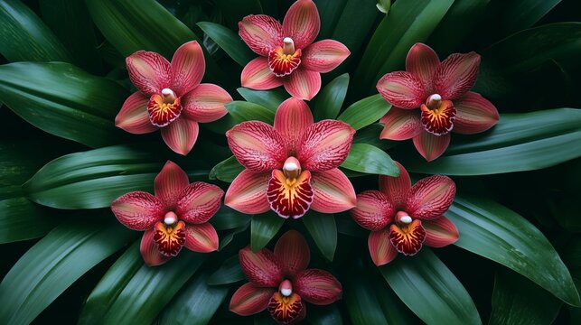 Seven vibrant red orchids with striped petals and lush green leaves create a stunning floral display.