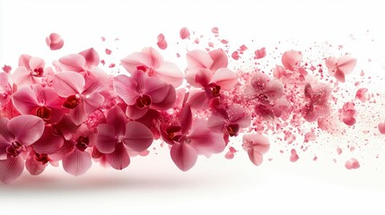 Pink orchids burst into delicate petals and scatter on a white background, creating a dynamic and artistic floral effect.