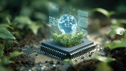 Highly detailed futuristic digital earth hologram with data overlay emerging from a microchip in a lush natural environment showcasing technology and nature synergy