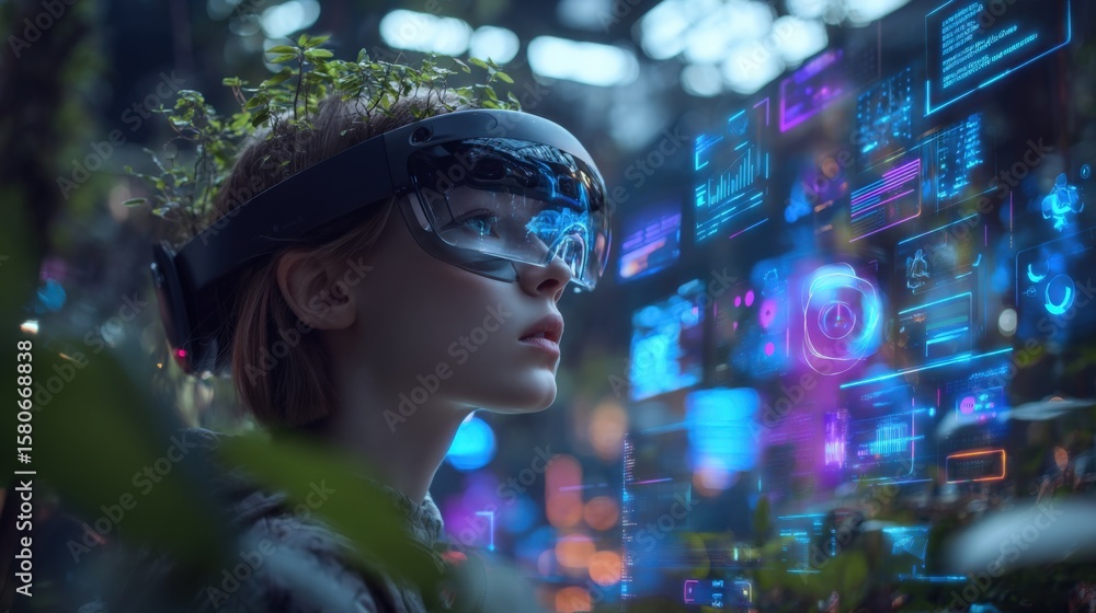 Poster futuristic woman wea virtual reality headset interacting with holographic digital interface in a hig