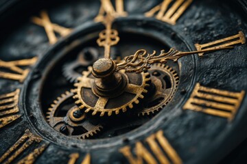 Close-up of vintage clock face with intricate golden gears and Roman numerals showing time in a steampunk style design