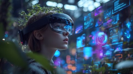 Futuristic woman wea virtual reality headset interacting with holographic digital interface in a high-tech environment with vibrant glowing data displays