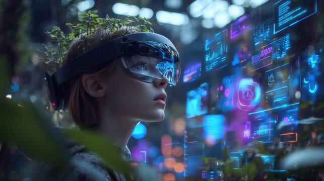 Futuristic woman wea virtual reality headset interacting with holographic digital interface in a high-tech environment with vibrant glowing data displays