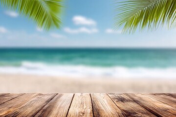 Scenic tropical beach with wooden deck foreground lush palm trees blue sky and ocean waves in the distance perfect for travel vacation and relaxation themes
