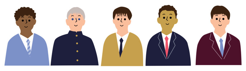 いろんな国の男子学生たち制服正面上半身アイコンセット5人