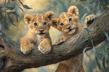 Playful Lion Cubs on Acacia Tree