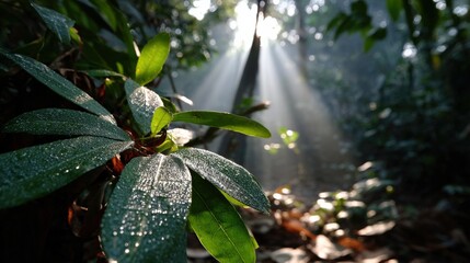 Lush green tropical rainforest foliage with sunlight rays penetrating through dense canopy and misty atmosphere creating a vibrant natural scene