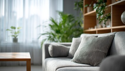 Modern stylish living room interior with comfortable sofa, green houseplants, wooden bookshelf and natural daylight in cozy home setting