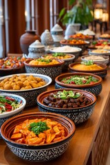 Fototapeta premium Buffet table displaying variety of moroccan tagine dishes with colorful vegetables and meat