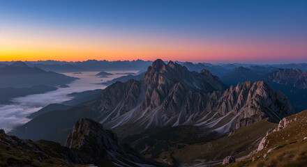 Panoramic mountain range at sunrise with orange and blue sky, valley covered by fog. Majestic nature landscape.