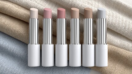 Elegant Display of Six White Lipstick Tubes on Textured Fabric