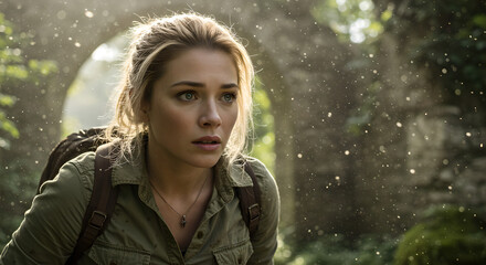 Young woman with backpack looking cautiously in jungle, dust flecks in sun rays. Adventure and exploration concept.