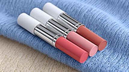 Elegant Lipstick Tubes Arranged on Soft Fabric Background