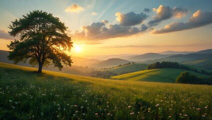 Stunning Sunset Over Rolling Hills and a Solitary Tree