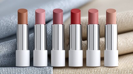 Various Lipstick Tubes Displayed on Soft Fabric Background