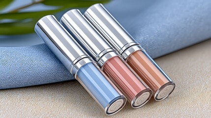 Three Elegant Lipstick Tubes Displayed on a Soft Blue Surface