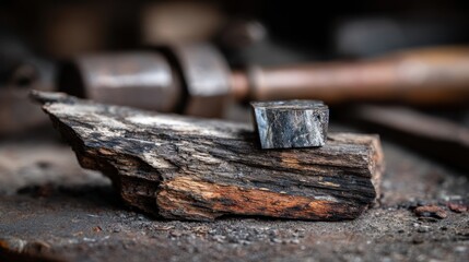 Close-up of a dark, square metal piece resting on a piece of dark wood, on a metal surface, with blurred tools in the background