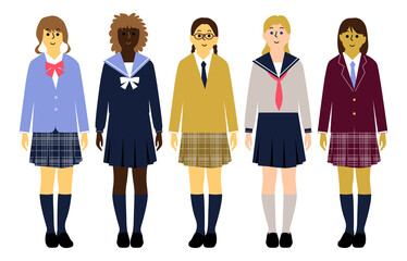 いろんな国の女子学生たち制服正面全身アイコンセット5人