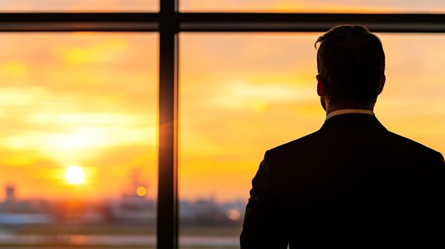A businessman gazes out of a window at a stunning sunset, evoking feelings of reflection and ambition, This image is ideal for articles on leadership, motivation, or work-life balance,