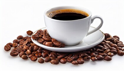 white cup of black coffee with coffee beans isolated on transparent cutout background