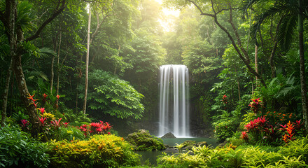 Lush rainforest landscape with a powerful waterfall cascading into a natural pool, sun rays illuminating the jungle canopy above