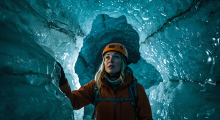 Woman explorer in orange jacket and helmet exploring a beautiful blue ice cave, a natural wonder of frozen glacier