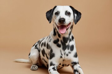 Adorable Dalmatian puppy sitting on beige background with happy expression, black and white coat, playful young dog cheerful pet animal