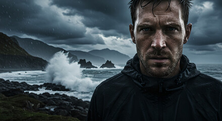 Adult man in black jacket standing on a rocky coast during harsh rain and storm. Concept of strength, resilience.