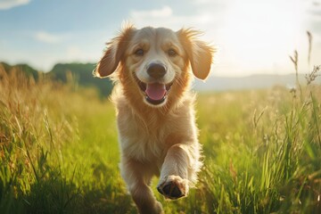 Dog Running Through Field Under Sunny Blue Sky