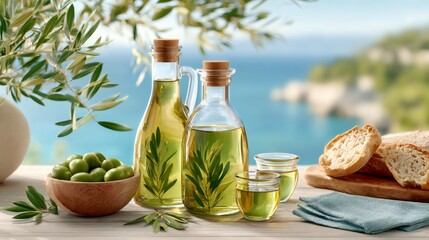 Obraz premium Olive oil, olives and bread displayed on table overlooking tranquil mediterranean sea