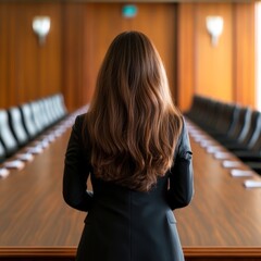 A professional woman stands in front of a long conference table, facing away, in a modern boardroom with wooden panels, This image is ideal for corporate themes, leadership, and business discussions,