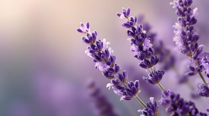 Fototapeta premium Close-up of fresh vibrant purple lavender flowers with soft blurred background showcasing natural aromatic herb in bloom