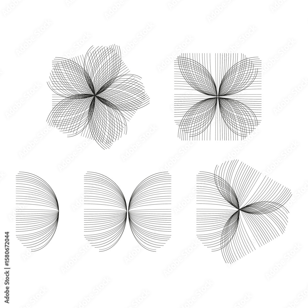 Poster star shape pattern. gray geometric forms. radial design elements. vector symbol collection.