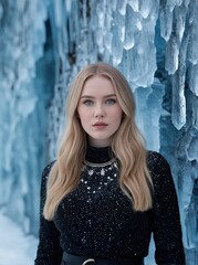 Female portrait against the background of frozen crystals and ice. posing against the background of a wall of blue ice and icicles. Contrasting portrait in cold tones