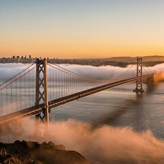 Panoramic view of San Francisco and the Bay Bridge (Oakland Bay Bridge) during sunrise or sunset. Beautiful sky with clouds over the city skyline and water