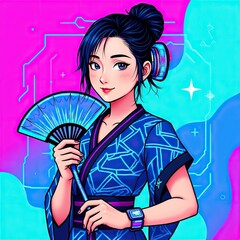 Young Japanese woman in traditional blue yukata (summer kimono) with a fan. Anime style illustration for a summer festival (matsuri). Bright pop art background with abstract circles